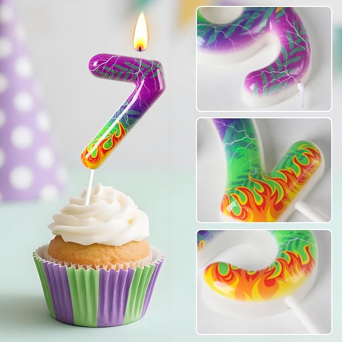 Number 7 Birthday Candle for Cake – Purple Green Flame Design with Lightning & Tire Track Pattern – Off-Road Truck Theme Cake Topper for Birthday Party Decoration