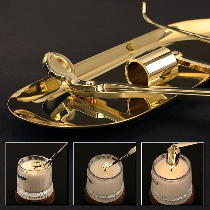 4 in 1 Candle Accessory Set, Candle Snuffer, Candle Wick Cutter, Candle Dipper, Storage Tray Plate, Candle Care Kit with Velvet Pouch for Candle Lover (Gold)