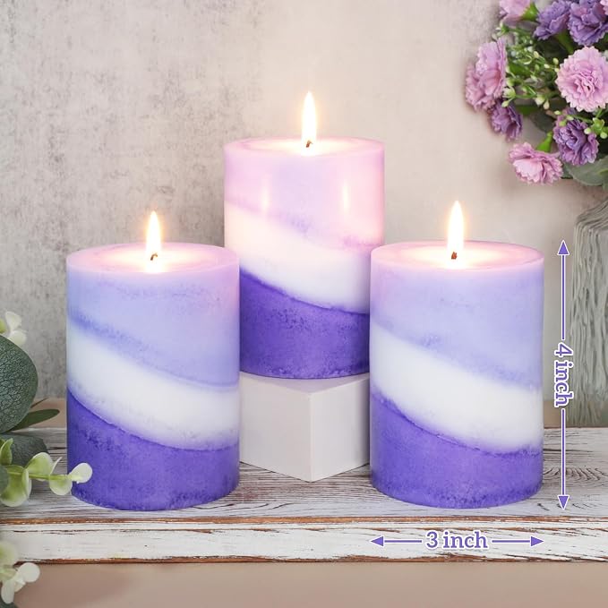 Crystal Club Lavender Scented Pillar Candles, 3X4 Inch Pillar Candles, 100% Cotton Wick, Smokeless & Dripless, 40+ Hours Long Burning, Candles Set for Wedding, Dinner, Party