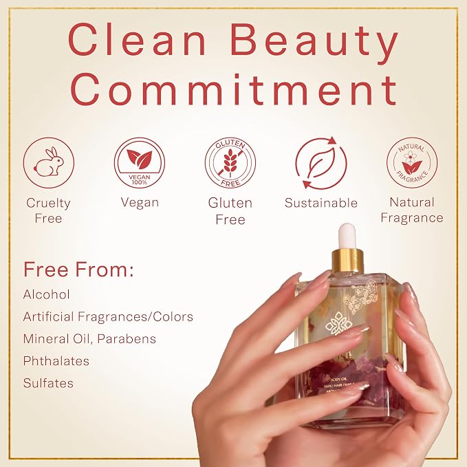 SAFA Rosé Body Oil | Luxury Bulgarian Rose Oil with Real Rose Petals | Fast Absorbing After Shower Hydrating Oil | Moroccan Argan Sweet Almond & Vitamin E | Silky Moisturizer Face & Skin | 4 fl oz