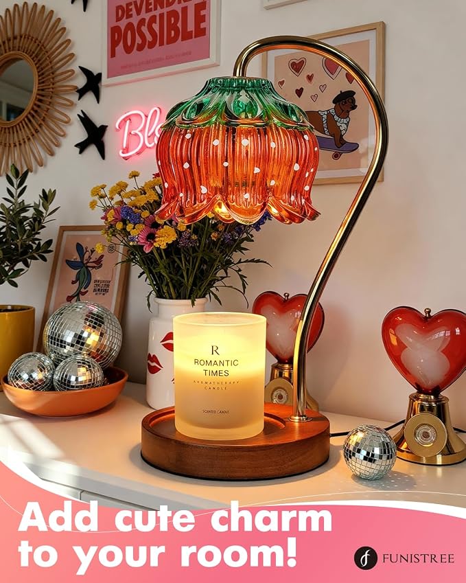Funistree Flower Candle Warmer Lamp with Timer, Dimmable Candle Lamp Warmer, Christmas Birthday Gifts for Women Mom Her, Housewarming Home Decor, Lotus Wax Warmer for Yankee - Strawberry 10 Inch