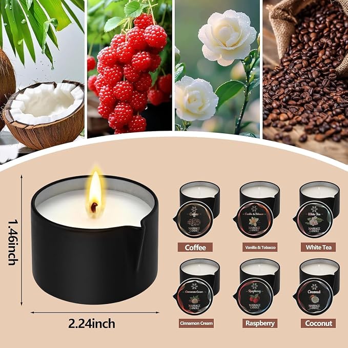 6 Pack Massage Oil Candles Set, Low Temp Soy Based Massage Candles for Massage Therapy, Relaxation & Skin Moisturizing, Assorted Scents for Home Spa Self Care
