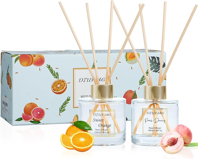 200ml Scent Diffuser with 6 Fiber Sticks, 6.76 oz Reed Diffuser Set Aromatherapy Fragrance Diffusers Air Fresheners for Home Bedroom Bathroom (Orange Peach)