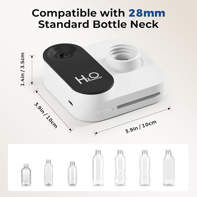 Travel Humidifier, Portable Mini Cool Mist Humidifier, Small Bottle Humidifier with Auto Shut-Off, Night Light, USB Rechargeable, for Bedroom, Office, Hotel, Car and Plants,White