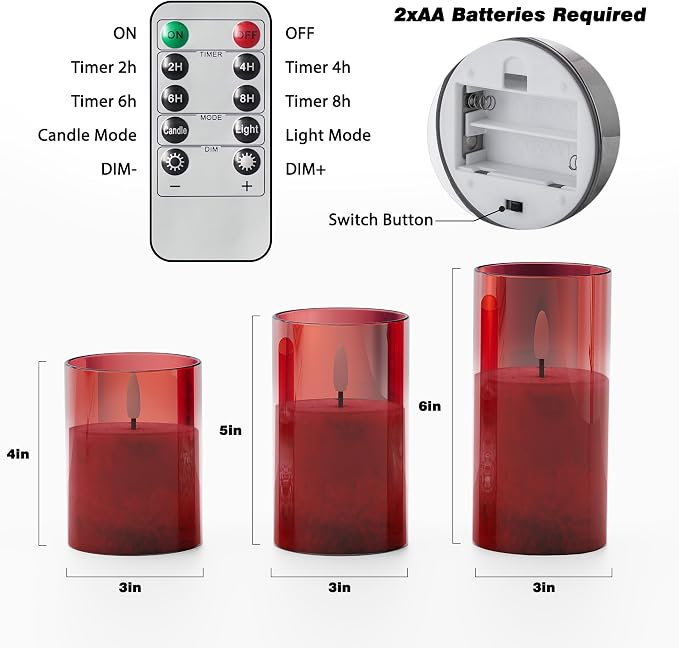 VIODAIM Ice Crystal Real Wax Glass Flameless Candles with Remote & Timer, Battery Operated Candles with Warm Flickering Flame, Realistic LED Candle for Wedding Home Decor [D3×H4/5"/6"] Red, 3Pack