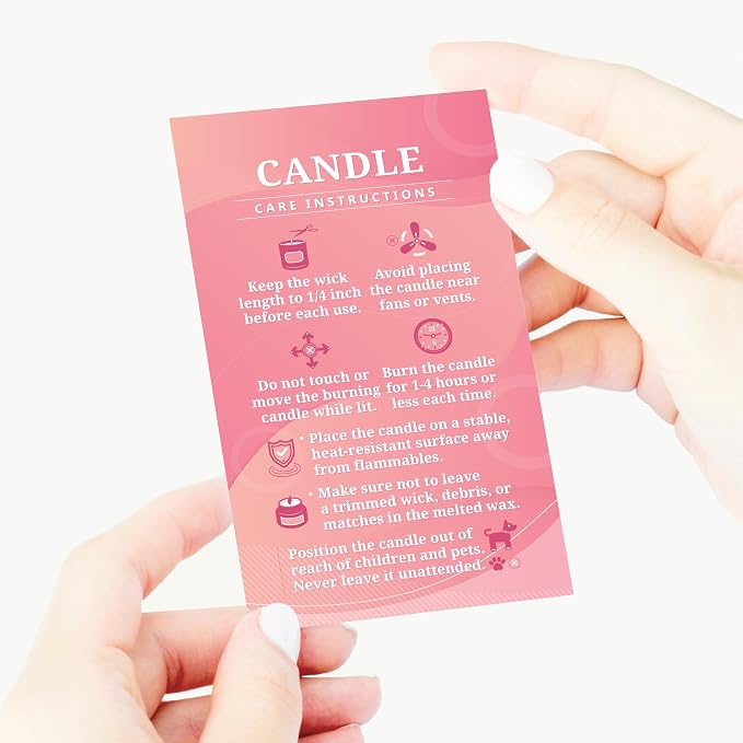 200 pack - Premium Handmade Candle Care Instruction Cards Pink 2x3.5 in, Small Business | Soy Bees Wax Melt, Candle Makers, Making Supplies Kit Set, Containers, Jars, Pot, Package
