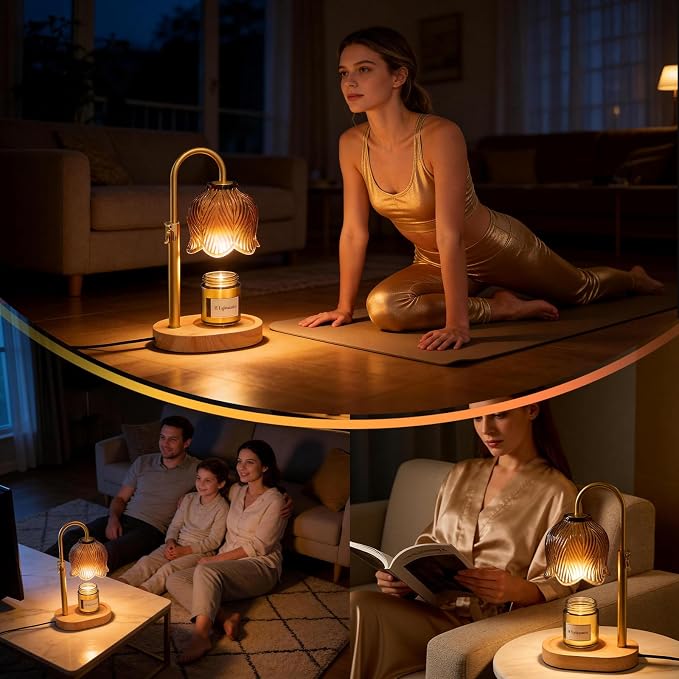 Candle Warmer Lamp with Adjustable Height - Flameless 4-Level Dimmable Wax Warmer, Timer Function & Stylish Design in Multiple Colors (Brown Wooden Base)