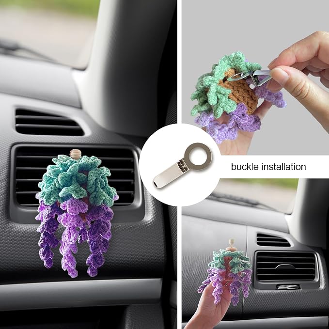 Crochet Car Air Freshener, Empty Refillable Oil Diffuser Bottle with Hanging Crochet Plant for Car Rearview Mirror Decor, Handmade Home and Office Decor (Violet)
