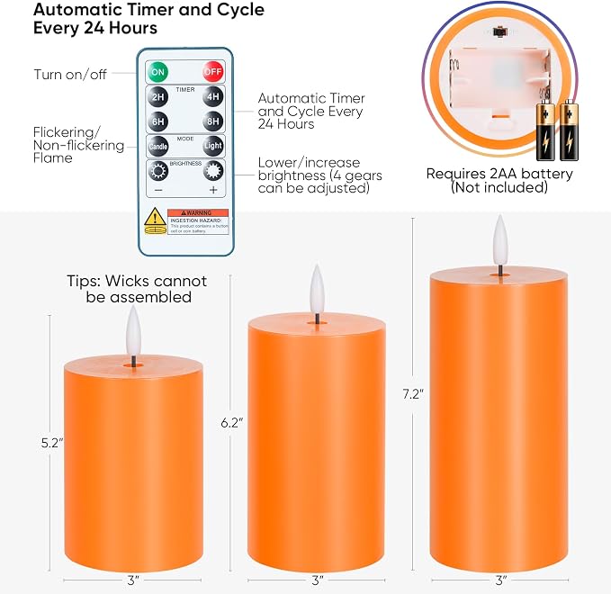 Homemory Halloween Orange Flameless Candles Battery Operated with Remote Timer, Real Wax LED Pillar Candle for Halloween Decoration, Fall Decor, Harvest Festival Gifts, H456, Set of 3