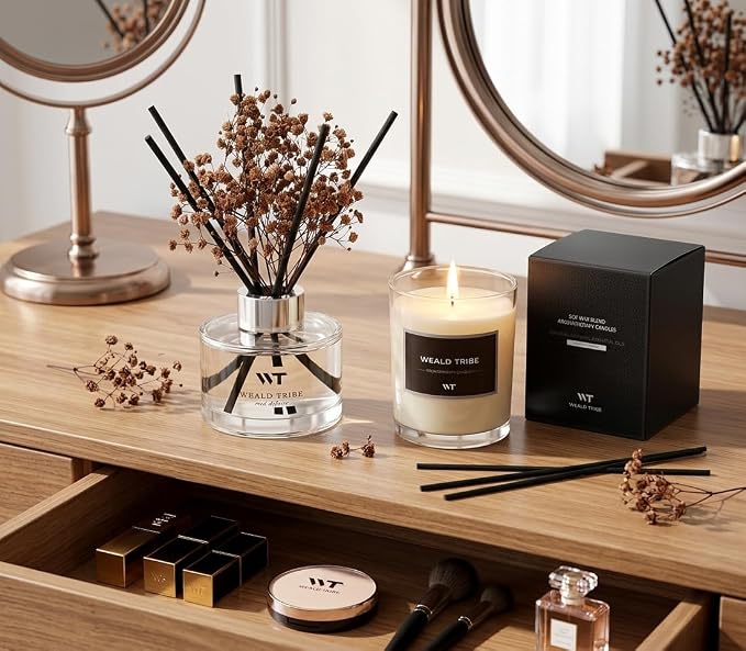 WEALD TRIBE Flower Reed Diffuser Set Vanilla Cinnamon Scent for Bathroom Accessories Shelf Decor & Air Fresheners, Fresh Air Sticks Defusers with 5.1 fl oz Essential Oils, House Office Decor & Gifts