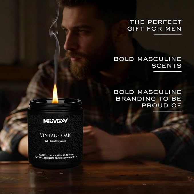 MILIVIXAY Candle for Men Vintage Oak Scented Classic 9oz Jar Single Wick Candle, Soy Wax Candles for Consistent Burn, Over 50 Hours of Burn Time, Ideal for Creating Relaxing & Holiday Gifting.