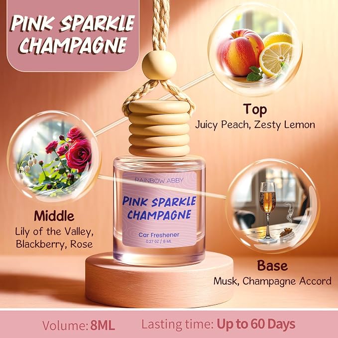 RAINBOW ABBY Hanging Car Air Freshener Diffuser 2 Pack - Pink Sparkle Champagne Fragrance Oil, 45+ Days Long Lasting, Essential Oil Diffuser for Car