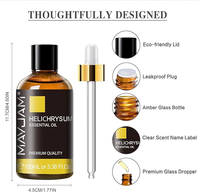 Helichrysum Essential Oil, MAYJAM Pure Essential Oils for Diffusers, 3.38FL.OZ/100ML Large Volume Helichrysum Oil with Premium Glass Dropper