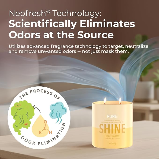 Candle-Lite Pure Citrus & Clove Leaf Odor Eliminating Scented Candles, Neofresh Technology Eliminates 99.9% of Odors, 16 oz 2-Wick Jar, Proudly Poured in The USA, Up to 60 Hours Burn Time