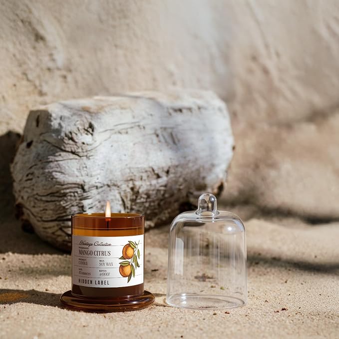 Hidden Label Mango Citrus Scented Candle - 10oz Non Toxic Candles for Home Scented with Clear Bell Jar, Natural Soy Wax Clean Burning Aromatherapy Candle for Spa/Yoga/Meditation & Stress Relief Gifts