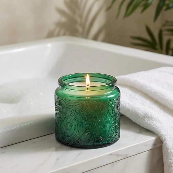 10 oz Green Sun Moon Stars Candle Jars with Metal Lids, 9 Pack | Patented Embossed Design, Includes Wick Centering Devices & Warning Labels, Multiple Color Options
