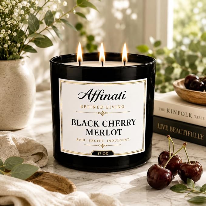 Affinati Black Cherry Merlot 3-Wick Candle – Large Soy Blend Candle, Strong Scent Throw Deep Rich Fruit Wine Candle, Premium Clean Burning Gift for Men & Women