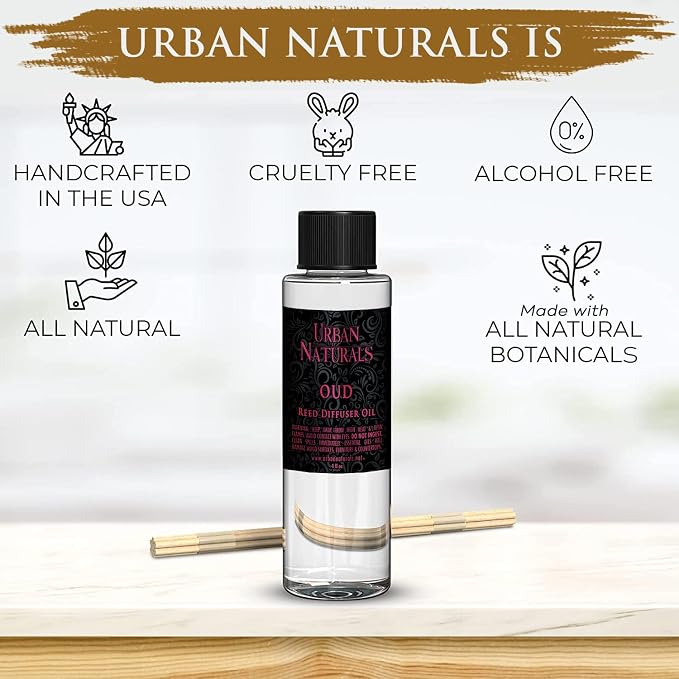 Urban Naturals Reed Diffuser Oil Refill, Oud Diffuser Oil with Raspberry, Warm Amber, Bergamot, 4 oz + Free Reed Sticks, Made in the USA