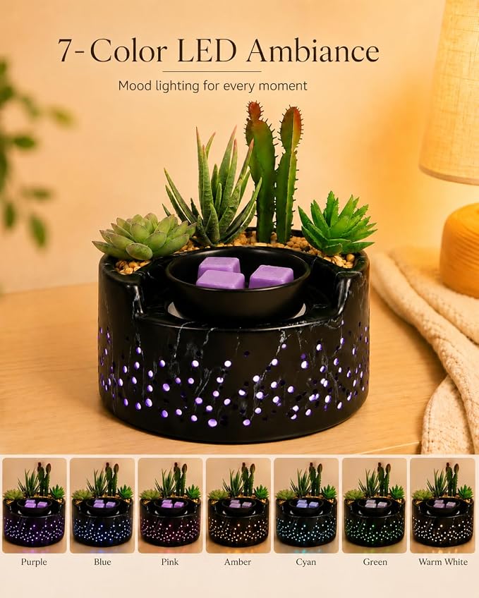 4-in-1 Ceramic Wax Warmer, Electric Scented Wax Melter with Hot Plate, 7-Color LED Candle Warmer Lamp, Aromatherapy Oil Diffuser & Succulent Marble Decor, for Yoga Room Home Office, Gift for Women