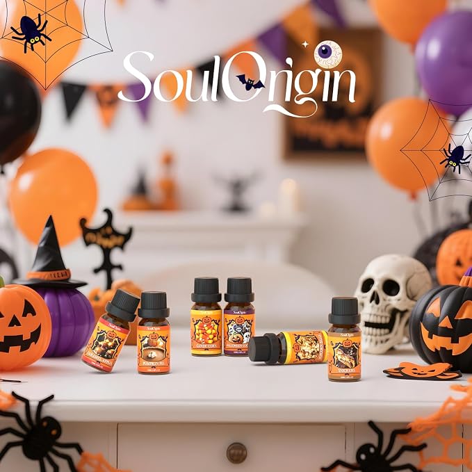 Soulorigin Halloween Fragrance Oils Set, Essential Oil for Diffuser, Diffuser Oil, Use for Soap Candle Making,Caramel Apples, Pumpkin Pie, Candy Corn, Halloween Cookies, Popcorn Balls, Snickers Bars