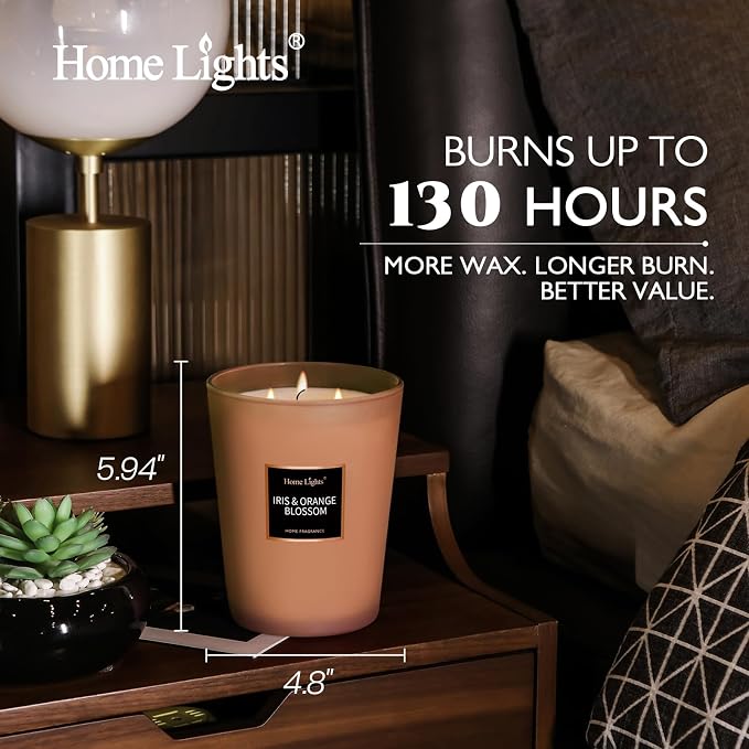 HomeLights Scented Candles | Large Jar Candle-33.3 Oz. Natural Soy Aromatherapy Candles | Up to 130 Hours Burn Time with 3 Cotton Wicks, Home Decorative Fragrance Candle Gift - Iris & Orange Blossom