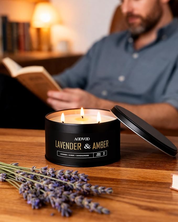 AOOVOO Lavender Amber Candles for Men - 3 Wick 12oz Large Scented Candle, Long Lasting Soy Candles for Home Scented, Strong Fragranced Masculine Black Candle Gift for Women & Men