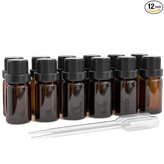 Glass Bottles for Essential Oils - Refillable Empty Amber Bottle with Orifice Reducer Dropper and Cap - DIY Supplies Tool & Accessories Perfume Aromatherapy - Carrier Oil Kit, 12 Count (Pack of 1)
