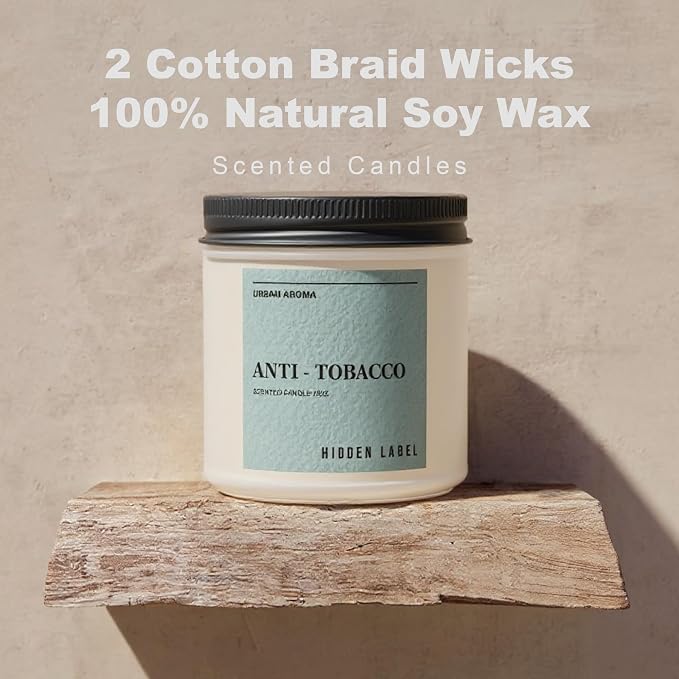 Hidden Label Anti Tobacco Soy Candle, 12oz 2-Wick, 70H Smoke Eliminator | Non-Toxic Natural Wax, Paraben & Phthalate-Free, Clean Burn | Powerful Odor Neutralizer | Masculine Decor & Gift-Ready