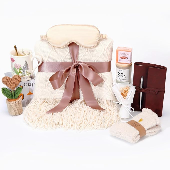 Birthday Gifts for Women,Spa Relaxation Gift Basket for Women - Self Care Package with Plush Throw Blanket, Scented Candle, Inspirational Mug & Journal for Stress Relief, Get Well Soon