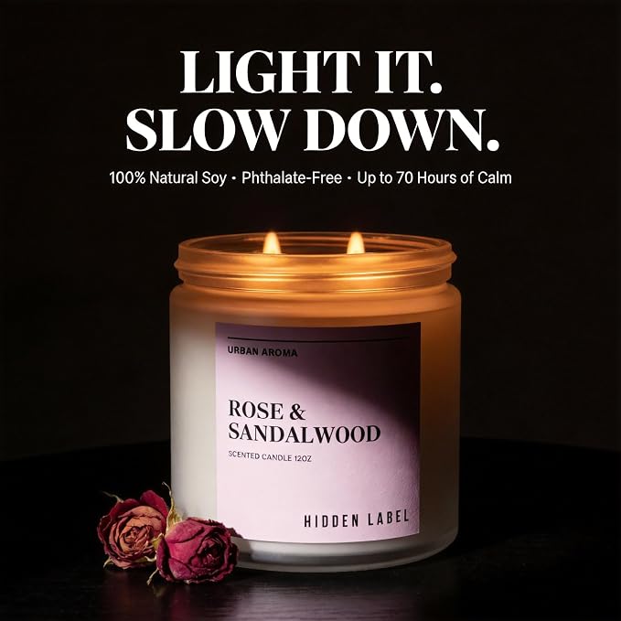 Hidden Label Rose Sandalwood Soy Candle, 12oz 2-Wick, 70H Floral Warmth | Non-Toxic Natural Wax, Paraben & Phthalate-Free, Clean Burn | Elegant Decor & Gift-Ready | Stress Relief & Grounding Calm