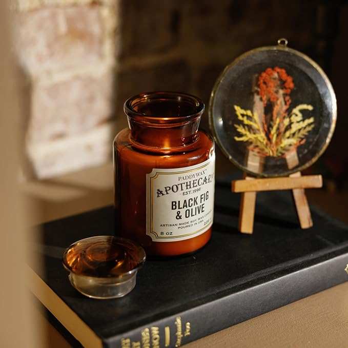 Paddywax Artisan Apothecary Scented Candle with Lid in Reusable Glass Jar, Clean-Burn Soy Candle with Approx. 54 Hour Burn Time, Black Fig & Olive, 8 oz