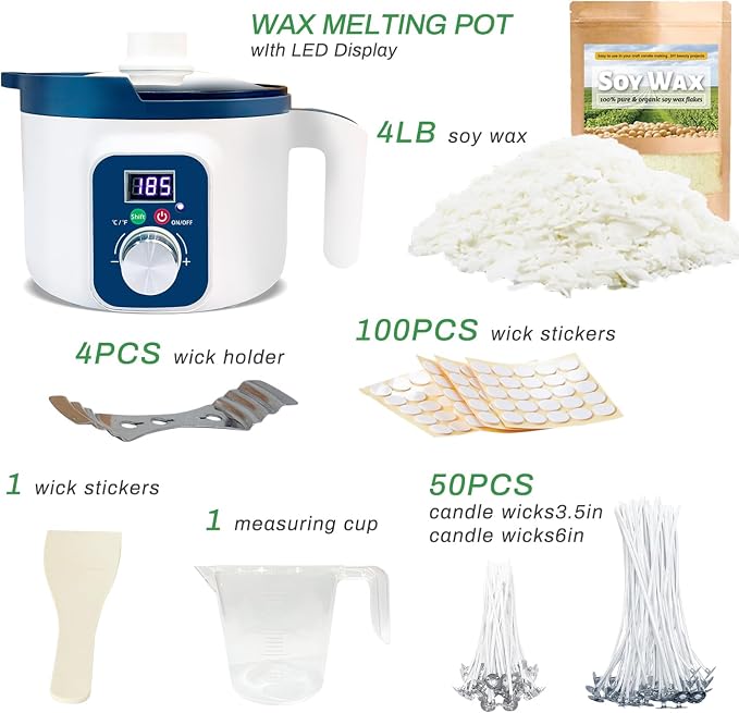 Handnatur Pro Soy Wax Melt Kit with Digital Wax Melting Pot, 4lb SOYA Wax Melter, Soy Candle Maker Set with Candle Heater, Wicks, Wick Holders, Wick Stickers
