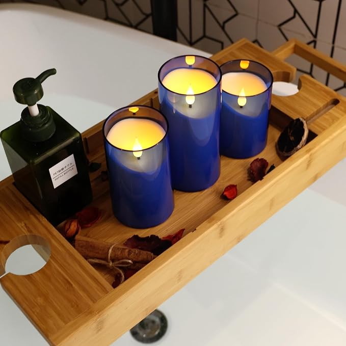NURADA Flickering Flameless Candles: LED Pillar Candles with Imitation Glass - Acrylic Battery Candles with Remote and Timer for Wedding Party Valentine's Day Decor, Pack of 3 Blue