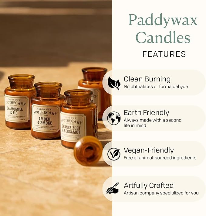 Paddywax Artisan Apothecary Scented Candle with Lid in Reusable Glass Jar, Clean-Burn Soy Candle with Approx. 54 Hour Burn Time, Vetiver & Cardamom, 8 oz.
