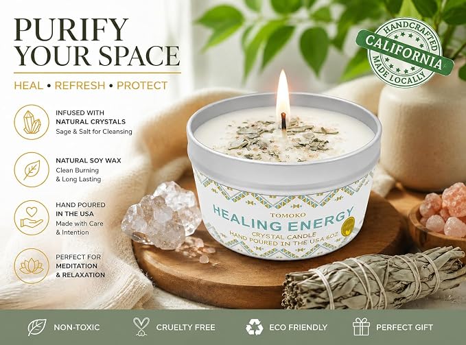 White Sage Candle, Sage Leaf, Himalayan Crystal Salt & Essential Oil, Healing Energy, Crystal Candle