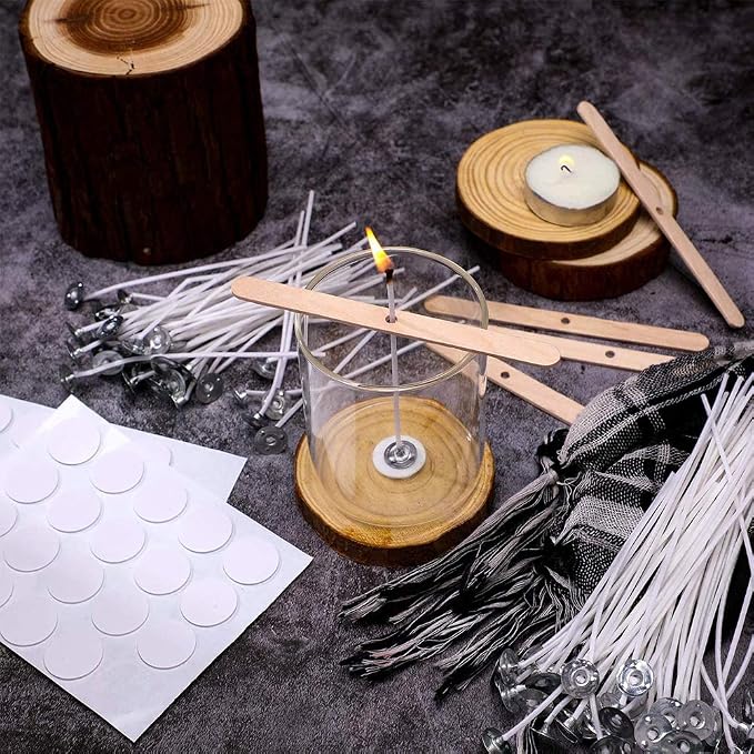 Antunihood Bulk Candle Wicks 100 Pcs with 60Pcs Candle Wick Stickers and 10 Pcs Wooden Candle Wick Centering Device for Soy Beeswax Candle Making (8inch)