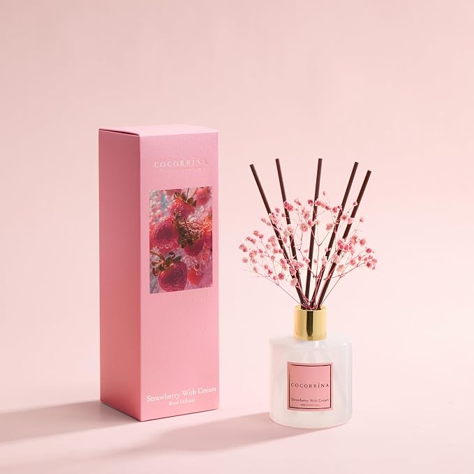 COCORRÍNA Reed Diffuser - Strawberry with Cream 6.7 fl oz Reed Diffuser with Sticks, Home Bedrrom Bathroom Shelf Decor