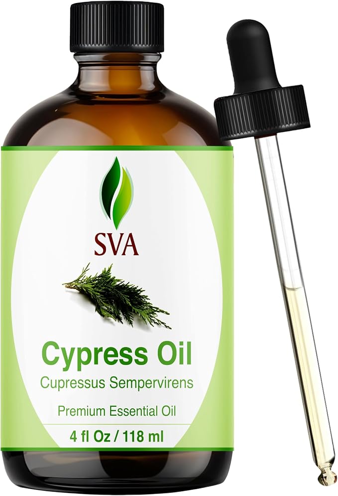 SVA Cypress Essential Oil – 4 Fl Oz – 100% Natural Cypress Oil - for Diffuser, Hair Care, Face, Skin Care, Aromatherapy, Scalp and Body Massage, Soap and Candle Making – with Dropper