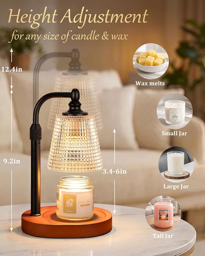 Hong-in Candle Warmer Lamp with Timer Dimmer, Birthday Gifts for Women, House Warming Gifts for New Home, Vintage Room Decor, Adjustable Height Candle Lamp, Wax Warmer for Scented Jar Candles, Walnut