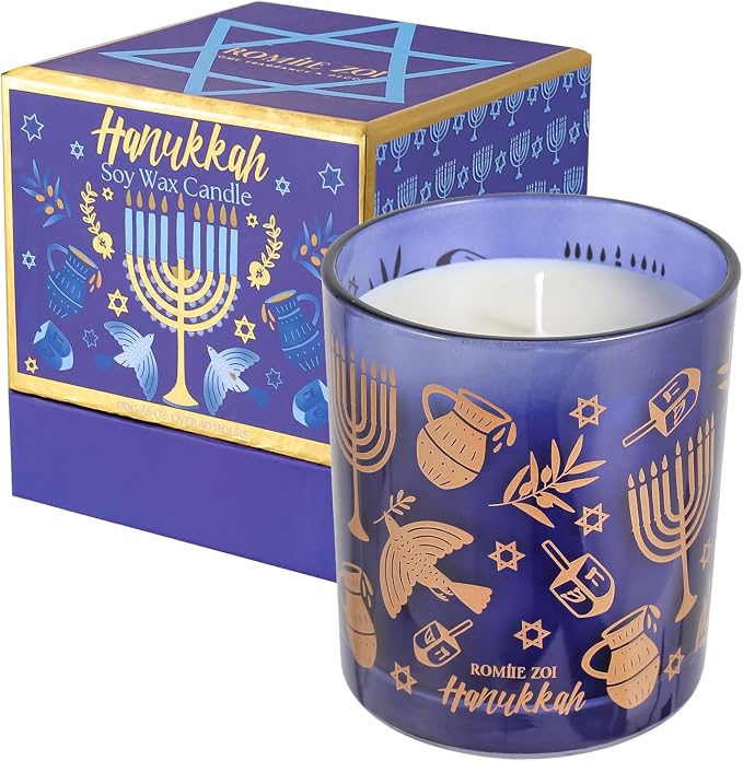 ROMIIE ZOI Hanukkah Scent Candle - 6oz Soy Wax Candle - Hanukkah - Infused with Sandalwood & Bergamot Aroma- Royal Blue Gift Box for Christmas Holiday Gifts