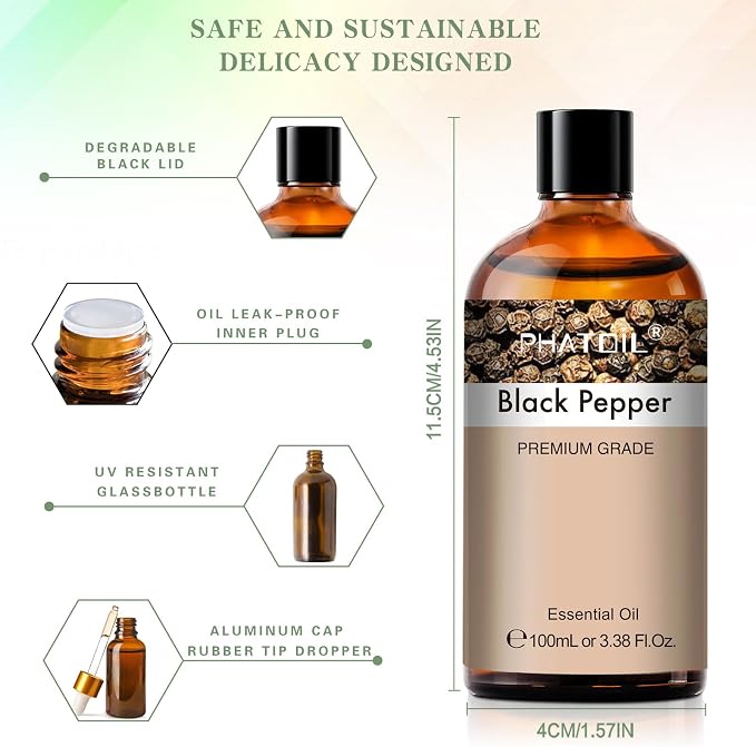 Black Pepper 3.38fl.oz Essential Oil, PHATOIL Pure Aromatherapy Oils for Diffuser, Humidifier, Perfect for DIY Soap, Candle, Bath Bombs Making(100ml)
