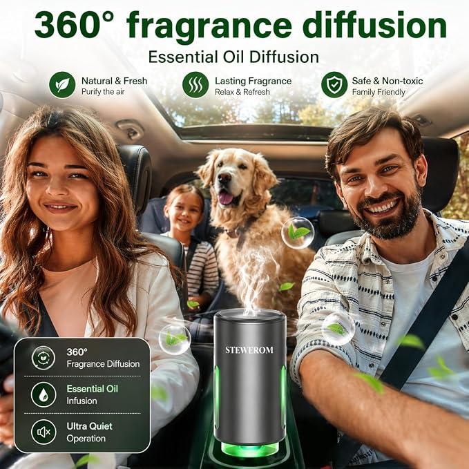 Car Air Freshener - Smart Adjustable 3-Speed Intensity, Rechargeable Humidifier Car Essential Oil Diffuser - Comes with 8 Bottles of 10ml Perfume (Gray)