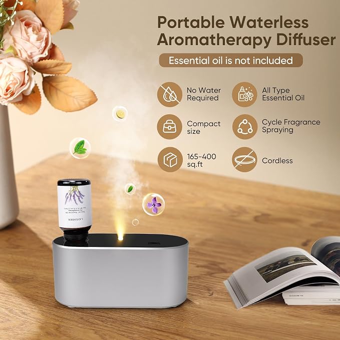 Waterless Diffuser for Home Essential Oil Diffuser, Aromatherapy Diffuser, Portable Scent Diffusers, 3 Mist Modes, Cycle Start for Bedroom, Office Studio 350-700 sq. ft Silver