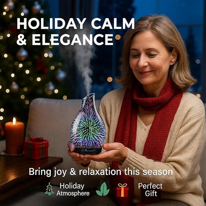 Essential Oil Diffuser & Essential Oils Set, Glass Aromatherapy Diffuser with 7 LED Colors, 6 Oils Gift Pack (Clean Home, Peppermint, Blossom Soapy, Soft Powder, Fresh Cotton, Fresh Linen)