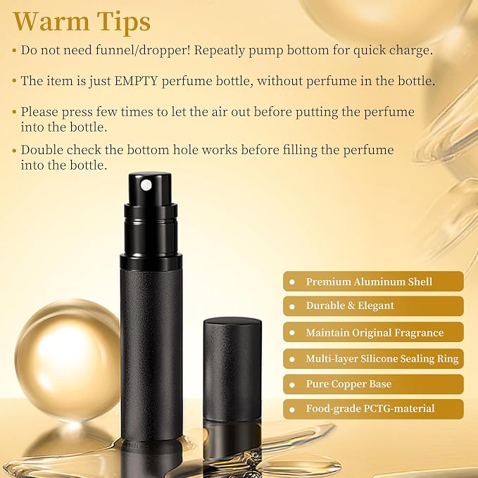 2PCS Perfume Travel Refillable Bottle, Bottom-Filling Fragrances Perfume Atomizer, Empty Mini Cologne Dispenser, Portable Sprayer Pocket Size for On the Go 5ml (Black & Silver)