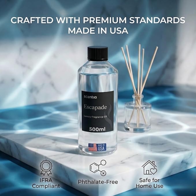 Scentia Escapade Diffuser Oil for HVAC Scent Machine – Hotel Fragrance Inspired by Ri.tz Carlton – 500 mL – Jasmine, Bergamot & Marine Oil for Commercial & Cold Air Diffusers, Made in USA