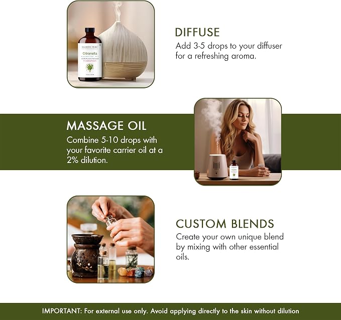 Majestic Pure Essential Oil with Glass Dropper - 100% Pure and Natural - Essential Oils for Diffuser, Aromatherapy, Soap and Candle Making, Citronella Essential Oil, Citronella Oil, 4 Fl Oz