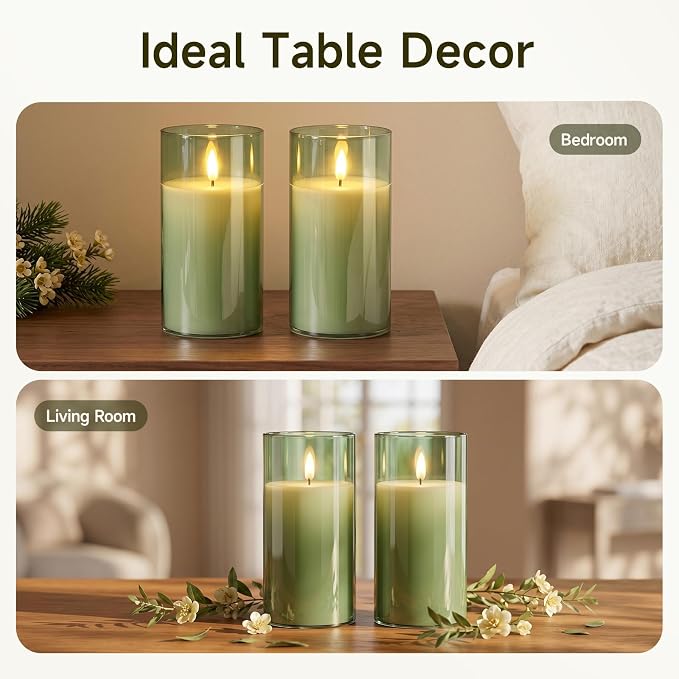 Homemory Sage Green Glass Flameless Candles Battery Operated LED Pillar Candles with Remote and Timer, Real Wax Flickering Candles Home Decor, Wedding, Easter, Farmhouse, Table Centerpieces, Set of 2
