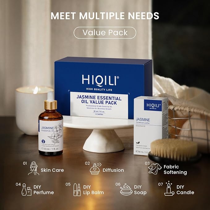 HIQILI Jasmine Essential Oil Set - 1 fl oz (6 Pack), Bulk Wholesale for Business, Skincare & Diffusing & DIY, for Spa & Sauna, Hotels & Homestays, Beauty Salons, Gift & Home Use