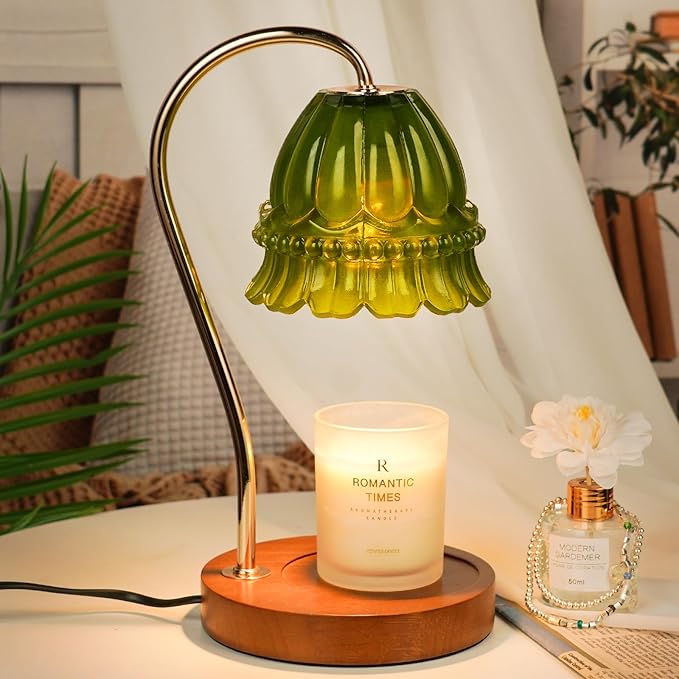 Funistree Flower Candle Warmer Lamp with Timer, Dimmable Candle Lamp Warmer, Christmas Birthday Gifts for Women Mom Her, Housewarming Home Decor, Lotus Wax Warmer for Yankee - Green Flower 10 Inch